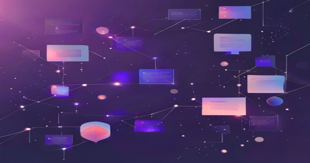 Editorial illustration of LLM answer citations flowing across a deep blue and purple gradient